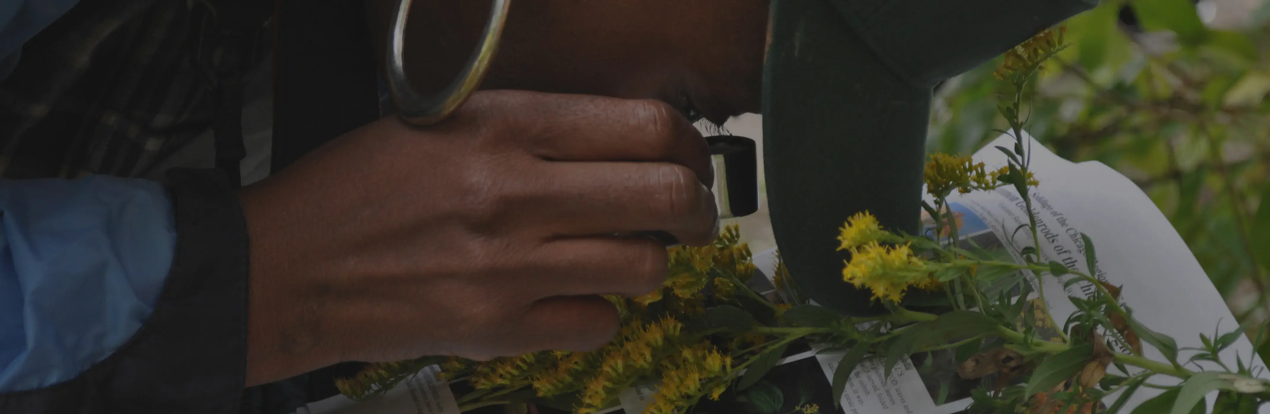 woman with large earring looking closely at a field guide and fresh flowers